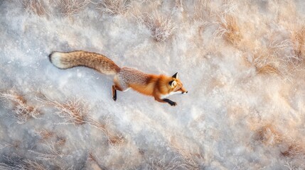 Obraz premium A red fox runs through a snowy field, looking for prey.