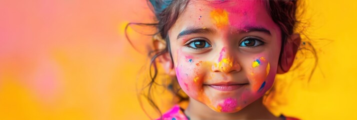 Obraz premium Colorful celebration of Holi with joyful painted girl against vibrant background. Happy Indian girl with face stained with different colors. Festival of colors, spring. Horizontal banner. Copy space