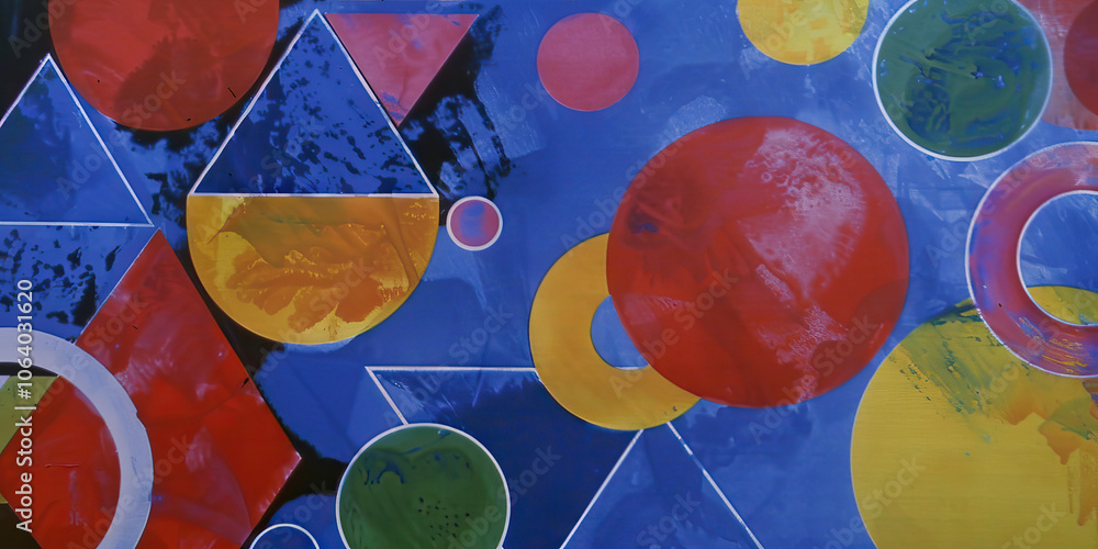 Poster geometric pattern play: a colorful arrangement of triangles, squares, and circles in various sizes a