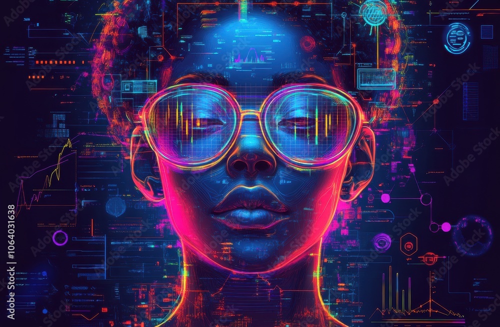 Aufkleber futuristic ai avatar with colorful data analytics and glowing visuals