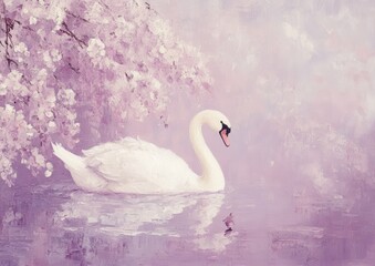 Obraz premium Vintage Oil Painting of a Swan in a Lilac Purple Pond for Easter Spring Aesthetic Generative AI
