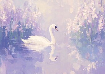 Obraz premium Vintage Oil Painting of a Swan in a Lilac Purple Pond for Easter Spring Aesthetic Generative AI