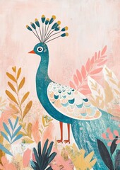 Vintage Style Peacock Painting in Soft Colors for Decorative Use Generative AI