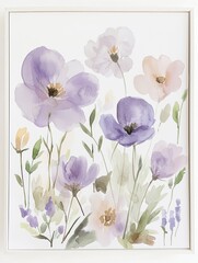 Watercolor Nursery Print of Purple Flowers on White Background for Baby Room Decoration Generative AI