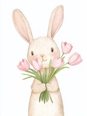 Obraz premium Whimsical Bunny Holding Pink Flowers, Perfect for Spring or Easter Greeting Cards Generative AI