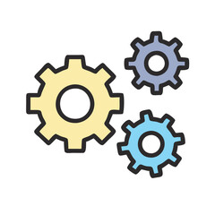 Three colorful gears representing teamwork and mechanics, Illustration of three interlocking gears in yellow, gray, and blue, symbolizing teamwork, settings, mechanics, and workflow in a simple style.