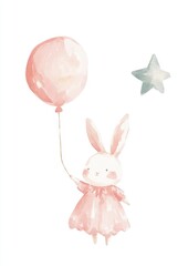 Whimsical Watercolor Bunny in Pink Dress with Balloon on White Background Generative AI
