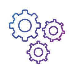 Gradient gear icons in blue and purple, Illustration of three interlocking gears with a gradient of blue to purple, symbolizing settings, teamwork, mechanics, and process.