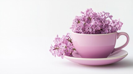 Fototapeta premium cup of coffee with lilac on white wooden table