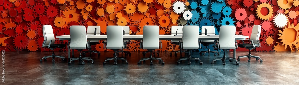 Poster explore creative collaboration in a modern workspace with a dynamic papercut design backdrop