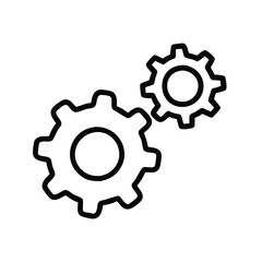 Simple black outline of two gears, Minimalistic black outline of two interlocking gears, representing mechanics, settings, configuration, and teamwork in a clean design.
