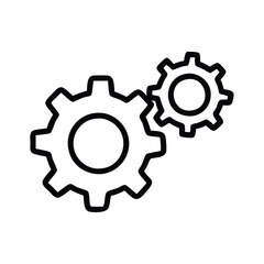 Simple black outline of two gears, Minimalistic black outline of two interlocking gears, representing mechanics, settings, configuration, and teamwork in a clean design.
