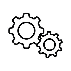 Simple black outline of two gears, Minimalistic black outline of two interlocking gears, representing mechanics, settings, configuration, and teamwork in a clean design.
