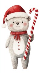 Quirky Christmas Bear Wearing Santa Hat Holding Candy Cane, Fun Holiday Gift or Card Idea Generative AI
