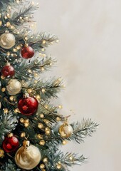 Close-up of a Christmas Tree Decorated with Fairy Lights and Baubles on a Cream Background, Perfect for Holiday Seasonal Greetings and Decorations Generative AI