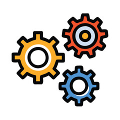 Three colorful gears symbolizing teamwork and process, Illustration of three interlocking gears in yellow, red, and blue, representing settings, teamwork, mechanics, and workflow in a vibrant style.

