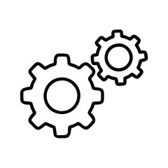 Simple black outline of two gears, Minimalistic black outline of two interlocking gears, representing mechanics, settings, configuration, and teamwork in a clean design.
