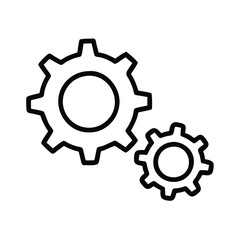 Simple black outline of two gears, Minimalistic black outline of two interlocking gears, representing mechanics, settings, configuration, and teamwork in a clean design.
