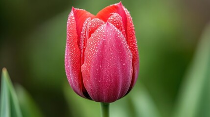 Naklejka premium A single, vibrant red tulip covered in dewdrops stands tall against a soft green background.