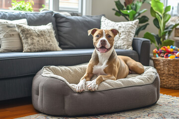 Happy pitbull relaxing in cozy indoor living room with soft furnishings