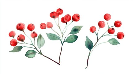 watercolor red-berry mistletoe on white background