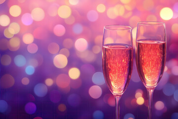 Festive champagne in glasses on a pink background with bokeh effect, copy space