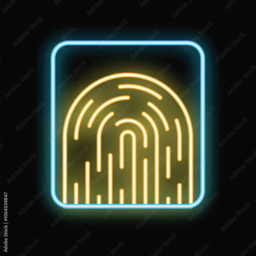 Poster glowing neon line fingerprint icon isolated on black background. concept of identity, security and r