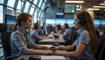 Fototapeta premium Students actively participate in hands-on training with flight simulators at cutting-edge facility, enhancing their aviation skills in dynamic, collaborative environment full of enthusiasm & learning