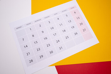 Monthly calendar. Calendar with date on paper. Day planner. Schedule of the week, month and year....