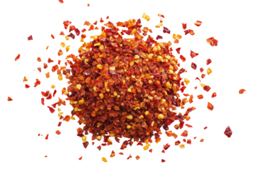 Red pepper flakes in close-up view, scattered on isolated background, creating depth, dimension. Vibrant red color stands out against stark white, drawing attention to main subject. Dry paprika, chili