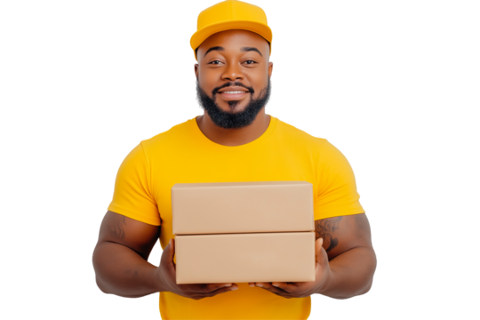 An African-American loader in a yellow uniform with a cardboard box. cargo delivery, logistics. A black male postman carries parcels. transparent background.