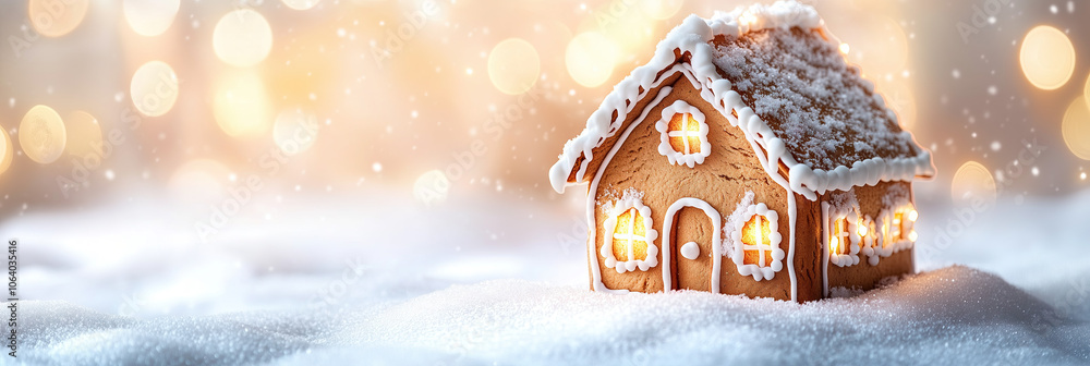 Poster banner with gingerbread house in snow with bokeh effect, copy space
