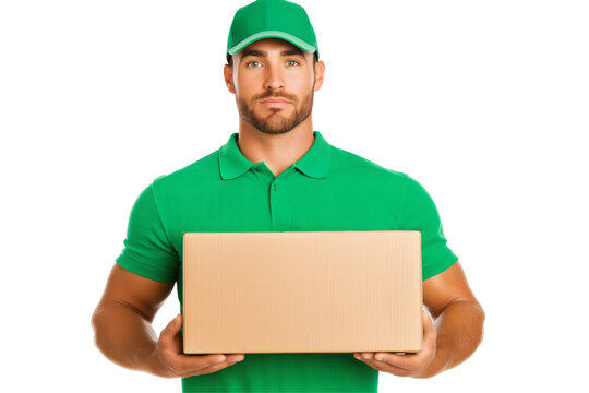a male European loader in a green uniform with a cardboard box. cargo delivery, logistics, online service. a man carries parcels. transparent background.