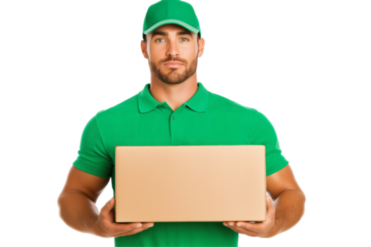 a male European loader in a green uniform with a cardboard box. cargo delivery, logistics, online service. a man carries parcels. transparent background.