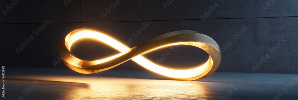 Poster a minimalistic design featuring a gold infinity loop, illuminated by soft light, symbolizing continu