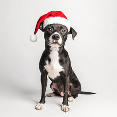 A black and white American Staffordshire Terrier dog sitting and looking at the camera, wearing a red Santa hat
