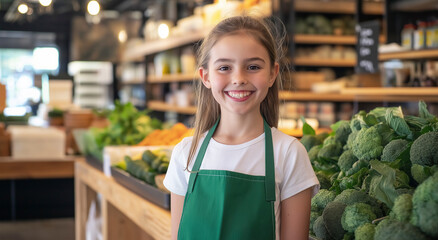 jovem garota com um avental verde sorrindo para a câmera em uma loja moderna de mercado de agricultores