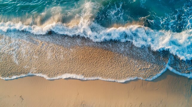 Aerial view of blue ocean wave on the beach.