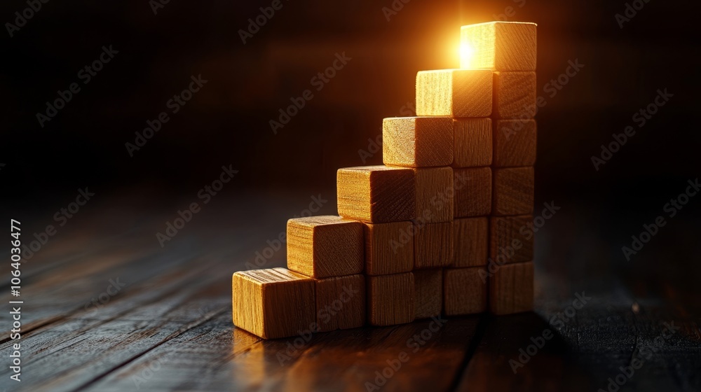 Poster wooden bricks forming a bar chart with upward growth and light on the tallest bar, representing succ