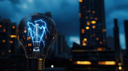Spark of Inspiration: A Lightbulb with Electric Currents Against a Cityscape