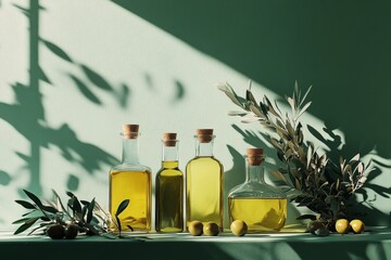Elegant arrangement of olive oil bottles with olives and leaves against a green background