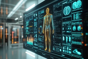 a detailed medical infographic on a digital screen attached to the wall, used by a doctor to explain patient health data, futuristict, denoise