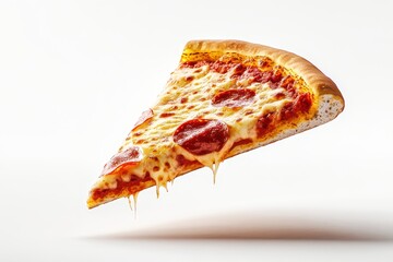 Delicious slice of pepperoni pizza dripping with cheese on white background