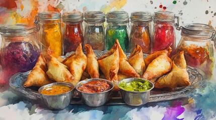Vibrant platter of Indian samosas with chutney, showcasing the richness of Indian flavors, perfect for food blogs or Indian cuisine advertisements Generative AI