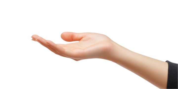 Young woman hand with fingers slightly curled, isolated on light gray background. Hand gesture conveying openness, presentation, and giving. Close-up of human palm, fingers, and arm. Transparent.