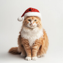 Red-hair cat with christmas hat on white background 