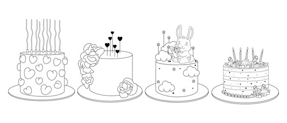 A set of one-tier, beautiful, cute cakes with different designs. Vector collection of cakes for holidays.