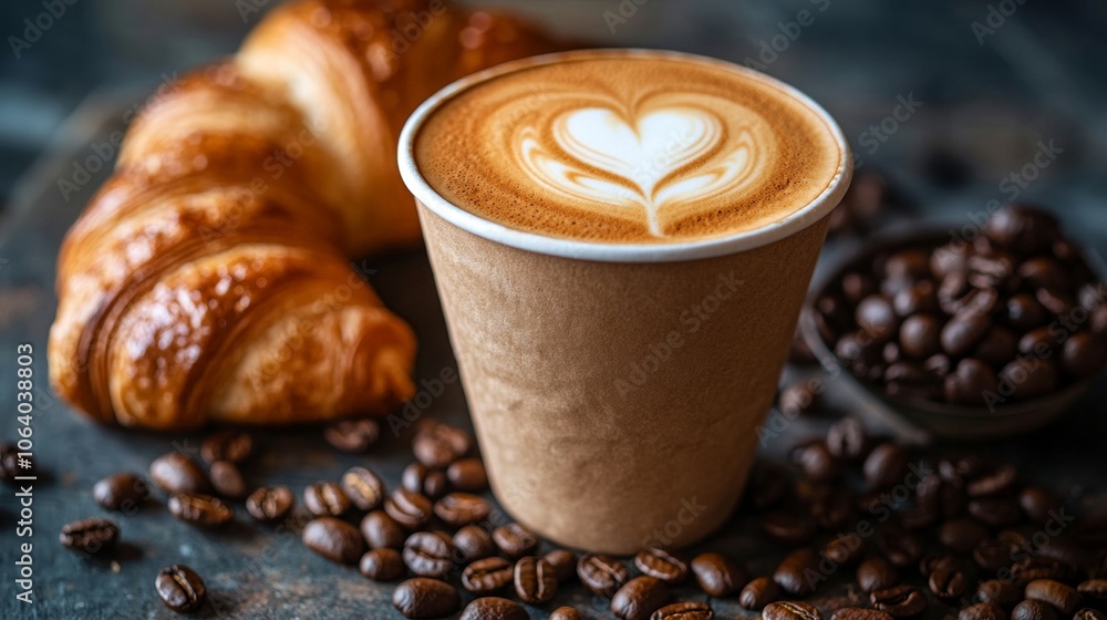 Poster steaming cup of cappuccino with latte art in the shape of a heart generative ai