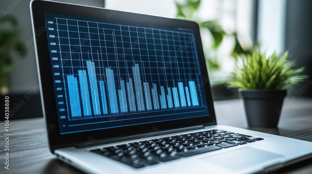 Aufkleber a laptop computer displaying a bar graph chart on the screen, sitting on a wooden desk.