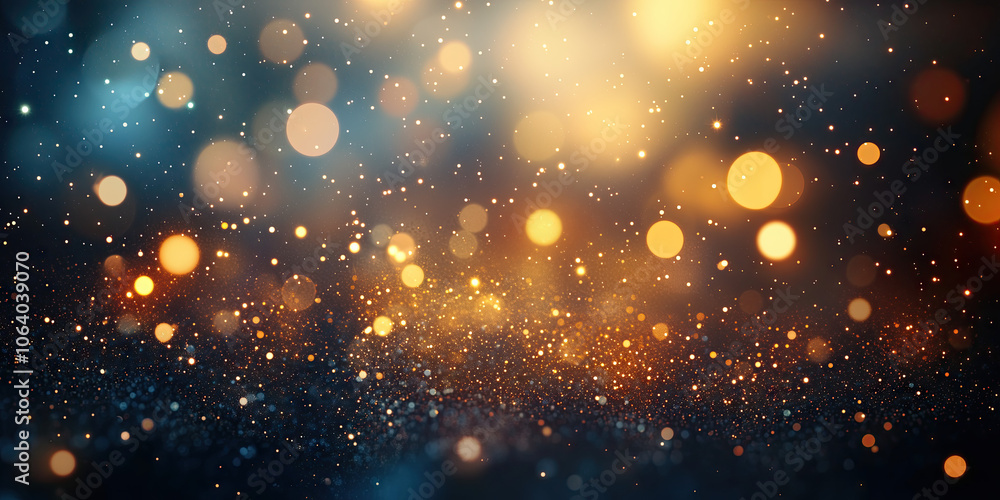 Poster a background with a bokeh effect in gold and blue colors, creating a festive atmosphere.